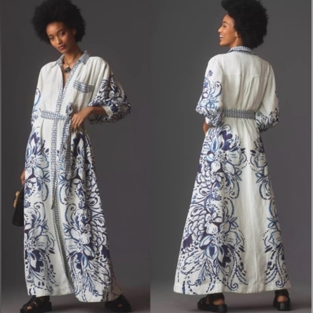 Maeve White Maxi Dress with Blue Floral Print